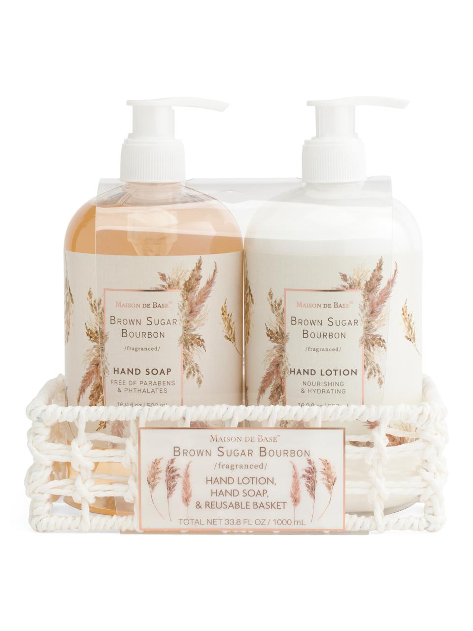 2pc Brown Sugar Bourbon Hand Soap And Lotion Set In Ratan Caddy